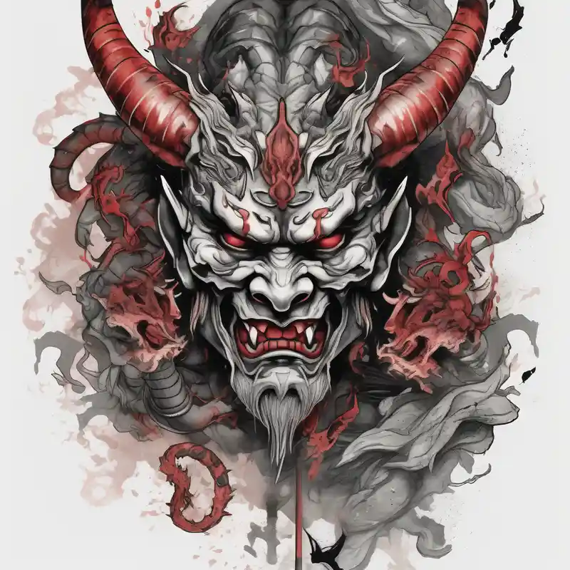 Back Tattoo with An Oni With a broken mask and a Sword, Dragons & snakes floral sleeve tattoo